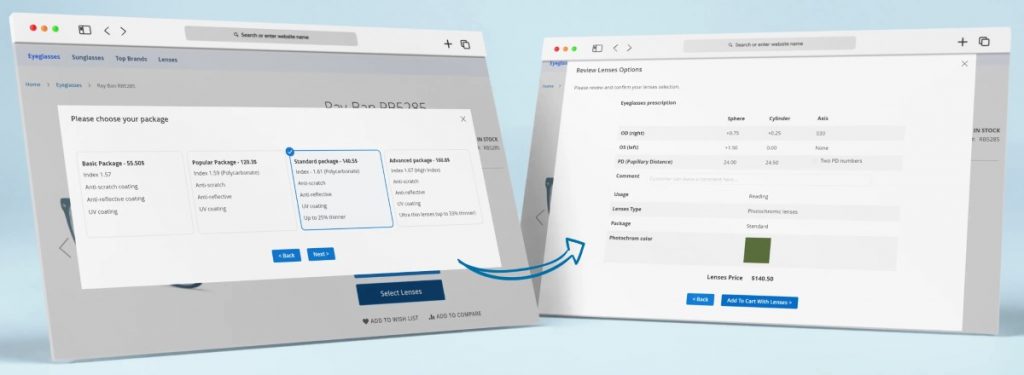 lens selector for an eyewear e-commerce website